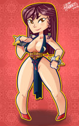 Rule 34 | 1girl, alternate costume, alternate hairstyle, black dress, breasts, brown hair, capcom, chibi, china dress, chinese clothes, chun-li, cleavage, dress, heri morales, highres, pelvic curtain, solo, street fighter, street fighter v