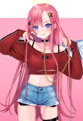 Rule 34 | 1girl, angel wings, black choker, black nails, blush, bra strap, breasts, buttons, chain, choker, collarbone, commentary request, cowboy shot, crop top, cutoffs, denim, denim shorts, ear piercing, exposed pocket, feathered wings, hair ornament, hands up, komazuki (komaworks240), long hair, long sleeves, looking at viewer, medium breasts, midriff, nail polish, navel, off shoulder, original, piercing, pink background, pink hair, purple eyes, red shirt, shirt, short shorts, shorts, sidelocks, smile, solo, standing, star (symbol), star hair ornament, stomach, thigh strap, thighs, torn clothes, torn shirt, very long hair, wings