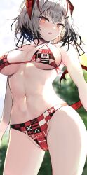 Rule 34 | 1girl, arknights, bikini, black choker, black hair, breasts, choker, commentary request, grey hair, highres, horns, kyuu (plastic night q), looking at viewer, medium breasts, multicolored hair, navel, orange eyes, print bikini, red bikini, red hair, red horns, solo, standing, swimsuit, tail, thighs, w (arknights)