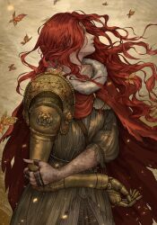 Rule 34 | 1girl, amputee, armor, artelsia, bug, butterfly, cape, dress, elden ring, gold armor, highres, insect, long hair, malenia blade of miquella, mechanical arms, prosthesis, prosthetic arm, red cape, red hair, scar, single mechanical arm, solo, wavy hair