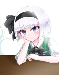 Rule 34 | 1girl, arm on table, black bow, black bowtie, black hairband, black ribbon, blue eyes, bob cut, bow, bow hairband, bowtie, collared shirt, elbow on table, green vest, gvxvg00, hair ribbon, hairband, head rest, highres, konpaku youmu, konpaku youmu (ghost), light smile, looking at viewer, puffy short sleeves, puffy sleeves, ribbon, shirt, short hair, short sleeves, simple background, solo, table, touhou, upper body, vest, white background, white hair, white shirt