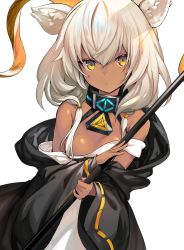 Rule 34 | 1girl, animal ears, arknights, bare shoulders, beeswax (arknights), black collar, black jacket, collar, commentary request, dark-skinned female, dark skin, dress, female focus, highres, holding, holding staff, horns, infection monitor (arknights), jacket, long hair, looking at viewer, off-shoulder dress, off shoulder, silver hair, simple background, solo, spica (spica 1510), staff, upper body, white background, white dress, yellow eyes