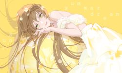 Rule 34 | 1girl, absurdres, backless dress, backless outfit, bare shoulders, brown hair, dress, english text, flower, green eyes, grin, hair flower, hair ornament, highres, lips, long dress, long hair, looking at viewer, lying, original, smile, solo, sundress, uosaasou, very long hair, yellow background