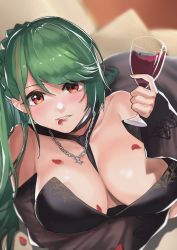 Rule 34 | 1girl, alcohol, azur lane, bare shoulders, black choker, black dress, black neckwear, blurry, blurry background, blush, braid, breasts, brown eyes, choker, crown braid, cup, detached sleeves, dress, drinking glass, dutch angle, green hair, highres, holding, holding cup, in mouth, jewelry, littorio (azur lane), littorio (calabria aurea) (azur lane), long hair, looking at viewer, lying, necklace, on stomach, ootani nonno, parted lips, petals, strapless, strapless dress, swept bangs