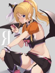 Rule 34 | 1girl, artist name, artist request, ayase eli, bare shoulders, bat wings, belt, black choker, black detached collar, black dress, black footwear, black hat, black legwear, black pants, black shorts, black wings, blonde hair, blue eyes, blush, boots, bow, breasts, candy, choker, cleavage, collarbone, crescent moon symbol, cross-laced clothes, cross-laced dress, cross-laced footwear, detached collar, diamond (gemstone), dress, female focus, food, footwear bow, frilled dress, frilled shorts, frills, garter straps, grey background, hair between eyes, hair bow, hair ornament, hair scrunchie, halloween, hand on own knee, hat, high heel boots, high heels, high ponytail, highres, holding, holding candy, holding food, jewelry, long hair, looking at viewer, love live!, love live! school idol festival, love live! school idol project, medium breasts, midriff, mini hat, moon print, navel, necklace, pants, parted lips, pink belt, pink bow, pink ribbon, pink scrunchie, ponytail, puffy short sleeves, puffy sleeves, pumpkin print, ribbon, scrunchie, short hair, short sleeves, shorts, sitting, smile, solo, which hat, white bow, white wrist cuffs, wing collar, wings, wrist cuffs