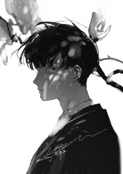 Rule 34 | 1boy, absurdres, blurry, branch, closed mouth, dappled sunlight, depth of field, flower, from side, frown, greyscale, highres, japanese clothes, kageyama shigeo, kimono, looking at viewer, looking to the side, male focus, mob psycho 100, monochrome, portrait, profile, ruilibing, short hair, signature, simple background, solo, sunlight