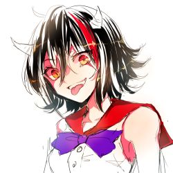 Rule 34 | 1girl, :p, black hair, horns, kijin seija, looking at viewer, multicolored hair, open mouth, red eyes, rosette (roze-ko), shirt, simple background, sleeveless, sleeveless shirt, smile, solo, streaked hair, tongue, tongue out, touhou