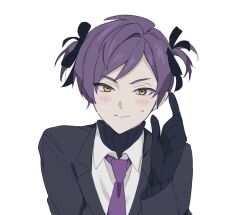 Rule 34 | 1boy, black gloves, black jacket, black ribbon, black sweater, blush, closed mouth, collared shirt, embarrassed, gloves, hair ribbon, highres, jacket, lobotomy corporation, long sleeves, male focus, mu46016419, necktie, project moon, purple hair, purple necktie, ribbed sweater, ribbon, shirt, simple background, smile, solo, sweater, turtleneck, turtleneck sweater, two side up, white background, white shirt, wing collar, yesod (project moon)
