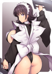 Rule 34 | 1girl, :&lt;, ass, black hair, breasts, choker, curvy, from behind, highleg, highleg leotard, holding, huge ass, iroha (samurai spirits), large breasts, leotard, leotard under clothes, looking back, maid, maid headdress, nagase haruhito, parted lips, purple eyes, samurai spirits, shiny skin, short hair, sideboob, simple background, skindentation, snk, solo, thong leotard, weapon, wide hips, wide sleeves