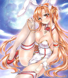 Rule 34 | 1girl, adapted costume, animal ears, arm garter, artist name, asuna (sao), at classics, blush, braid, breasts, brown eyes, brown hair, cleavage, closed mouth, detached collar, fake animal ears, french braid, full moon, hair between eyes, hand on own knee, high heels, jewelry, large breasts, leg up, leotard, long hair, looking at viewer, moon, necklace, playboy bunny, rabbit ears, sample watermark, sitting, smile, solo, sword art online, thighhighs, traditional media, very long hair, watermark, white leotard, white thighhighs, wrist cuffs