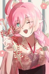 1girl blue_eyes braid duoyun_de_tiankong elf elysia_(honkai_impact) elysia_(miss_pink_elf)_(honkai_impact) hair_between_eyes highres holding honkai_(series) honkai_impact_3rd japanese_clothes kimono long_hair one_eye_closed open_mouth pink_hair pink_kimono pointy_ears single_braid solo teeth upper_body upper_teeth_only