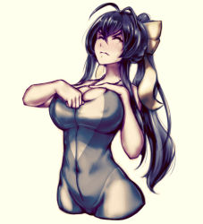 Rule 34 | 1girl, antenna hair, black hair, blazblue, blazblue remix heart, blush, bow, breasts, cleavage, closed eyes, covered erect nipples, covered navel, cowboy shot, drawfag, female focus, front zipper swimsuit, frown, genderswap, genderswap (mtf), hair between eyes, hair bow, hair ribbon, honitsu, inconvenient breasts, large breasts, long hair, mai natsume, meme attire, one-piece swimsuit, ponytail, ribbon, skin tight, solo, swimsuit, undersized clothes, unzipped, very long hair, zipper