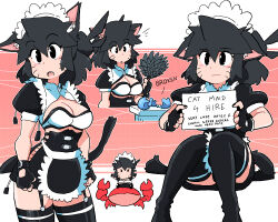 Rule 34 | 1girl, animal ears, apron, black eyes, black gloves, black skirt, black thighhighs, breasts, broken, cat ears, cat girl, cat tail, cleavage, crab, duster, english text, fang, feather duster, fingerless gloves, frilled apron, frills, gloves, highres, holding, holding sign, lucia (scott malin), maid, maid apron, maid headdress, medium breasts, multiple views, open mouth, original, outline, red background, scott malin, short sleeves, sign, skirt, strapless, tail, thighhighs, tube top, white outline, white tube top
