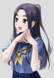 Rule 34 | 1girl, :d, absurdres, aged up, black hair, blue sailor collar, blue serafuku, blue skirt, blush, bow, brown eyes, commentary request, forehead, go-toubun no hanayome, hair bow, highres, ishiyuki, long hair, neckerchief, open mouth, pink bow, revision, sailor collar, school uniform, serafuku, short sleeves, simple background, skirt, smile, solo, thick eyebrows, uesugi raiha, upper body, white background, yellow neckerchief