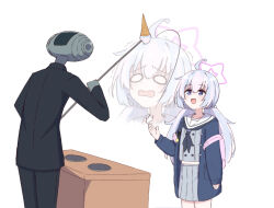 Rule 34 | 1girl, 1other, ahoge, android (blue archive), black jacket, black neckerchief, blue archive, blush, chirun0, food, grey skirt, halo, ice cream, jacket, long hair, long sleeves, neckerchief, open clothes, open jacket, open mouth, pink hair, pink halo, pleated skirt, purple eyes, purple hair, reisa (blue archive), sailor collar, simple background, skirt, smile, white background, white sailor collar