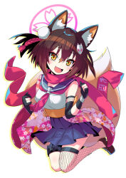 Rule 34 | 1girl, animal ear fluff, animal ears, black gloves, black hair, blue archive, blue sailor collar, blue skirt, blush, breasts, brown footwear, fang, fishnet thighhighs, fishnets, fox ears, fox tail, full body, gloves, hair between eyes, halo, izuna (blue archive), krono tokage, medium breasts, open mouth, partially fingerless gloves, pink halo, pleated skirt, sailor collar, shoes, short hair, signature, simple background, single thighhigh, skin fang, skirt, smile, solo, tail, thighhighs, white background, yellow eyes