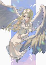 Rule 34 | 1girl, :|, angel wings, asymmetrical bangs, black footwear, blue eyes, breasts, closed mouth, collared dress, dress, expressionless, falling feathers, feathered wings, feathers, floating, highres, large wings, light particles, long dress, long hair, long sleeves, looking ahead, medium breasts, nemuke242424, original, pillarboxed, purple background, solo, white dress, white feathers, wings