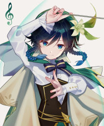 Rule 34 | 1boy, absurdres, aqua eyes, conductor baton, beret, black hair, blue eyes, blue hair, bow, bowtie, braid, cape, closed mouth, commentary request, genshin impact, gradient hair, green cape, green hat, hat, highres, looking at viewer, male focus, multicolored hair, musical note, smile, solo, syouko jiaozijun, twin braids, two-tone hair, upper body, venti (genshin impact)