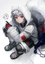 Rule 34 | 1boy, arknights, backpack, bag, carabiner, crying, fox boy, gloves, grey hair, highres, hood, hooded jacket, infection monitor (arknights), jacket, looking at viewer, male focus, on floor, pointing, qanipalaat (arknights), sad, shirt, sitting, solo, white shirt, yyb