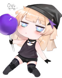Rule 34 | + +, 1girl, :o, aa-12 (girls&#039; frontline), bare shoulders, beanie, black gloves, black hat, black shorts, black tank top, black thighhighs, blonde hair, blue eyes, candy, chibi, dokomon, food, girls&#039; frontline, gloves, hat, highres, holding, holding candy, holding food, holding lollipop, knee pads, korean text, lollipop, long hair, looking at viewer, no shoes, parted lips, short shorts, shorts, simple background, solo, tank top, thighhighs, translation request, white background
