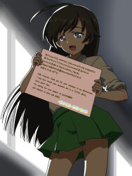 Rule 34 | 1girl, ahoge, apologizing, artist name, backlighting, black eyes, black hair, commentary request, cowboy shot, dark, dated, dress shirt, english text, girls und panzer, green skirt, half-closed eyes, highres, isuzu hana, long hair, long sleeves, looking at viewer, miniskirt, naotosi, open mouth, pleated skirt, shirt, skirt, sleeves rolled up, smile, solo, standing, translation request, white shirt, window
