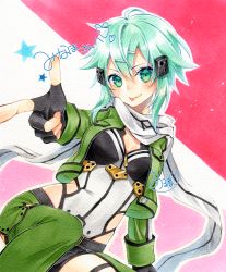 Rule 34 | 1girl, alto2019, aqua hair, bad id, bad pixiv id, black gloves, black shorts, breasts, cleavage, fingerless gloves, gloves, green eyes, green jacket, green legwear, hair between eyes, index finger raised, jacket, leotard, long sleeves, looking at viewer, marker (medium), open clothes, open jacket, outstretched arm, short hair with long locks, short shorts, shorts, sinon, small breasts, smile, solo, sword art online, thigh strap, tongue, tongue out, traditional media