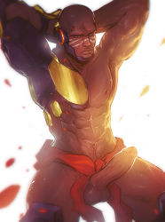 Rule 34 | 1boy, abs, armpit hair, armpits, arms behind head, backlighting, bald, bara, brown eyes, cinnabarbie, commentary, cyborg, dark-skinned male, dark skin, doomfist (overwatch), erection, highres, large penis, large testicles, looking at viewer, male focus, male pubic hair, manly, mechanical arms, muscular, overwatch, overwatch 1, penis, pubic hair, single mechanical arm, solo, testicles, uncensored, very dark skin