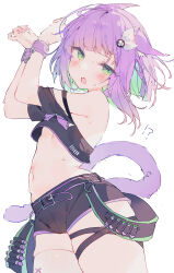Rule 34 | !?, 1girl, absurdres, animal ears, arched back, arms up, bare shoulders, belt, black belt, black shirt, black shorts, blunt bangs, blush, bow, breasts, cat ears, cat girl, cat tail, colored inner hair, cowboy shot, crop top, cuffs, embarrassed, fang, from side, green eyes, green hair, hair ornament, handcuffs, head tilt, highres, indie virtual youtuber, midriff, multicolored hair, navel, no bra, off-shoulder shirt, off shoulder, open mouth, otintin, pink bow, pink hair, shirt, short hair, short sleeves, shorts, shwaa, sideways glance, simple background, single thighhigh, sketch, skindentation, small breasts, solo, strap slip, sweat, tail, thigh strap, thighhighs, two-tone hair, underboob, virtual youtuber, white background, white thighhighs