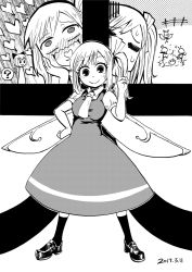 Rule 34 | +++, = =, ?, ascot, blush, bow, breasts, cirno, daiyousei, dated, dress, eyelashes, fairy wings, full-face blush, full body, greyscale, hair bow, heart, heart in mouth, heran hei mao, highres, index finger raised, kedama (touhou), kicking, kneehighs, loafers, looking at viewer, low wings, monochrome, mystia lorelei, puffy short sleeves, puffy sleeves, rumia, shoes, short hair, short sleeves, side ponytail, simple background, smile, socks, solo focus, spoken question mark, stick figure, team 9 (touhou), touhou, wavy mouth, white background, wings, wriggle nightbug, x x