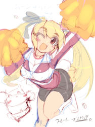 Rule 34 | 1girl, :d, ;d, bike shorts, blonde hair, blush, breasts, cheerleader, large breasts, mel/a, melfina bluesky, oekaki, one eye closed, open mouth, original, pom pom (cheerleading), red eyes, ribbon, sketch, skirt, smile, solo, standing, standing on one leg, sweater, translation request, twintails, wink
