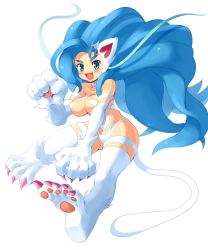 Rule 34 | 1girl, :d, animal ears, animal hands, big hair, blue eyes, blue hair, blush, breasts, cat ears, cat tail, claws, fang, felicia (vampire), fur, kamiyama teten, long hair, matching hair/eyes, open mouth, simple background, smile, solo, tail, vampire (game), white background