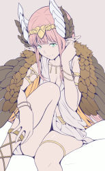 Rule 34 | 1girl, bird wings, bracelet, breasts, circe (fate), cleavage, commentary request, fate/grand order, fate (series), feather hair, feathered wings, green eyes, head wings, jewelry, looking at viewer, necklace, pink hair, pointy ears, robe, sitting, smile, solo, thighs, tsukumo (soar99), white robe, wings