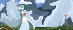 Rule 34 | 1girl, 527mora, absurdres, arms behind back, bird, black eyes, bob cut, closed mouth, cloud, colored skin, creatures (company), day, female focus, flat chest, fletchling, flower, game freak, gardevoir, gen 3 pokemon, gen 6 pokemon, grass, green hair, green skin, hair over one eye, half-closed eyes, highres, mountain, multicolored skin, nintendo, one eye covered, outdoors, pink flower, pokemon, pokemon (creature), purple flower, red eyes, red flower, short hair, solo focus, standing, two-tone skin, white flower, white skin, yellow flower