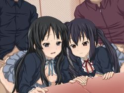 Rule 34 | 2boys, 2girls, akiyama mio, bent over, black hair, blue eyes, blue hair, breasts, brown eyes, censored, clothed sex, doggystyle, group sex, k-on!, long hair, multiple boys, multiple girls, multiple penises, nakano azusa, nipples, penis, pokowachikusu, school uniform, sex, sex from behind, skirt, smile, sweat, tears, twintails, vaginal