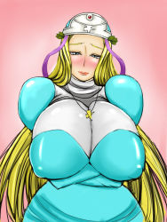 Rule 34 | 1girl, 865604, blonde hair, blue eyes, blush, breasts, gigantic breasts, jewelry, melpha, mature female, necklace, nun, queen&#039;s blade