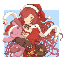 Rule 34 | 1girl, anna (granblue fantasy), bag, bauble, blue background, border, bow, brown gloves, christmas ornaments, collarbone, flower, gloves, granblue fantasy, green eyes, hair over one eye, hat, hat flower, hugging doll, hugging object, long hair, looking at viewer, outside border, puffy short sleeves, puffy sleeves, red hair, santa costume, santa hat, short sleeves, smile, solo, stuffed toy, upper body, white border, wuming