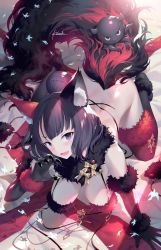 Rule 34 | 1girl, all fours, animal ear fluff, animal ears, bare shoulders, black hair, blue eyes, blush, bottomless, breasts, cleavage, collarbone, cosplay, elbow gloves, fate/grand order, fate (series), fingernails, fox ears, from above, fur-trimmed gloves, fur-trimmed legwear, fur bra, fur collar, fur trim, gloves, hair ornament, katsushika hokusai (fate), kousaki rui, large breasts, looking at viewer, mash kyrielight, mash kyrielight (dangerous beast), mash kyrielight (dangerous beast) (cosplay), octopus, official alternate costume, open mouth, purple eyes, purple hair, sharp fingernails, short hair, signature, smile, solo, tail, thighhighs