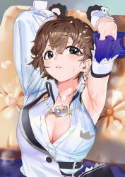 Rule 34 | 1girl, absurdres, armpits, arms up, black eyes, black gloves, breasts, brown hair, cleavage, collared shirt, commentary request, cushion, cushion grab, detached sleeves, gloves, high collar, highres, honda mio, idolmaster, idolmaster cinderella girls, jewelry, kitou sakeru, large breasts, looking at viewer, messy hair, necklace, shirt, short hair, single sleeve, solo, sweat, upper body