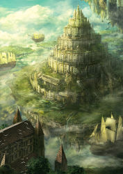 Rule 34 | bird, building, floating island, koukyou, landscape, no humans, original, roots, scenery, ship, stairs, watercraft