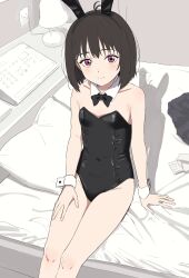 Rule 34 | 1girl, absurdres, antenna hair, bare shoulders, bed sheet, black bow, black bowtie, black hair, black leotard, bow, bowtie, brown hair, closed mouth, collarbone, desk lamp, detached collar, highres, lamp, leotard, looking at viewer, medium hair, on bed, osanai yuki, pink eyes, playboy bunny, shoushimin series, sincos, sitting, skirt, smile, solo, thighs, unworn skirt, unworn sweater, wrist cuffs