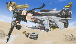 Rule 34 | 2girls, aircraft, airplane, animal ears, ass, assault rifle, bad id, bad pixiv id, bandaid, bayonet, bottomless, brown hair, camouflage, cat ears, cat tail, contrail, dakku (ogitsune), day, desert, desert camouflage, drum magazine, english text, f-14, fighter jet, green eyes, gulf war, gun, headphones, heart, jet, long hair, m16, m16a2, machine gun, magazine (weapon), mecha musume, military, military vehicle, missile, multiple girls, patricia mitchell, profanity, rifle, skull and crossbones, strike witches, strike witches 1991, striker unit, tail, thumbs up, weapon, world witches series