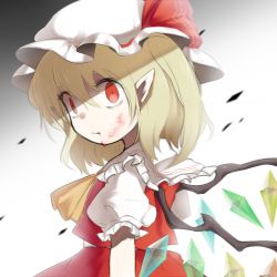 Rule 34 | 1girl, ascot, blonde hair, blood, blood from mouth, bruise, constricted pupils, empty eyes, flandre scarlet, hat, injury, lotosu, mob cap, pointy ears, red eyes, short hair, side ponytail, solo, touhou, wings