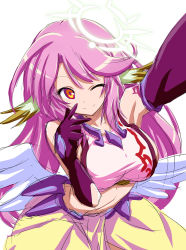 Rule 34 | 10s, 1girl, ;), angel wings, breasts, spiked halo, crop top, feathered wings, gloves, halo, jibril (no game no life), large breasts, long hair, low wings, magic circle, midriff, multicolored eyes, navel, no game no life, one eye closed, pink hair, purple eyes, reaching, reaching towards viewer, selfie, shirosame, sideboob, sketch, smile, solo, tattoo, v, very long hair, white wings, wing ears, wings, yellow eyes