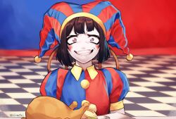 Rule 34 | 1girl, black hair, blue eyes, blue hat, chicken (food), colored skin, crazy smile, food, grin, hat, hat bell, highres, jester, jester cap, looking at viewer, multicolored clothes, multicolored hat, nifast (greentail), pomni (the amazing digital circus), red eyes, red hat, smile, solo, striped clothes, striped headwear, the amazing digital circus, two-tone eyes, vertical-striped bodysuit, vertical-striped clothes, vertical-striped headwear, white skin
