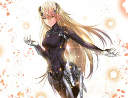 Rule 34 | 10s, 1girl, beatless, blonde hair, breasts, fhilippedu, floating hair, formal, hair between eyes, highres, long hair, looking at viewer, medium breasts, methode (beatless), outstretched arm, parted lips, smile, solo, suit, very long hair, white background, yellow eyes