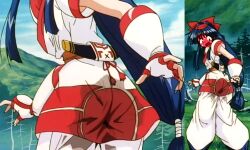Rule 34 | 1girl, ass, ass focus, blue hair, blush, breasts, close-up, constricted pupils, embarrassed, fingerless gloves, full-face blush, gloves, highres, legs, long hair, looking back, looking down, nakoruru, official alternate hairstyle, open mouth, pants, peeing, peeing self, samurai spirits, small breasts, snk, surprised, sweat, thighs, very long hair, wet, wet clothes, wide-eyed