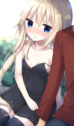 Rule 34 | 1boy, 1girl, asymmetrical hair, bare arms, bare shoulders, black dress, black pants, black thighhighs, blonde hair, blue eyes, blush, breasts, brown shirt, closed mouth, clothes grab, collarbone, commentary request, dress, hair between eyes, highres, long hair, long sleeves, looking at viewer, nose blush, original, pants, shirt, sitting, sleeve grab, sleeveless, sleeveless dress, small breasts, solo focus, strap slip, thighhighs, tia-chan, uchuuneko, v-shaped eyebrows, very long hair, wavy mouth