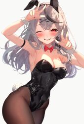 Rule 34 | 1girl, 339 akano, animal ears, armpits, bare shoulders, black hair, black leotard, black pantyhose, blush, bow, bowtie, breasts, cleavage, collarbone, commentary request, covered navel, detached collar, fake animal ears, fake tail, grey hair, hair ornament, highleg, highleg leotard, highres, hololive, large breasts, leotard, long hair, looking at viewer, multicolored hair, one eye closed, open mouth, pantyhose, playboy bunny, rabbit ears, red bow, red bowtie, red eyes, sakamata chloe, solo, strapless, strapless leotard, streaked hair, tail, virtual youtuber, white background, wrist cuffs, x hair ornament