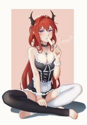 Rule 34 | 1girl, absurdres, alternate costume, arknights, artist name, black choker, black panties, black thighhighs, blush, breasts, choker, cleavage, cross, cross necklace, enmaided, food, full body, hair intakes, highres, holding, holding food, horns, ice cream, jewelry, long hair, looking at viewer, maid, medium breasts, multicolored clothes, multicolored legwear, necklace, no shoes, on floor, open mouth, panties, purple eyes, red hair, senamashiro, simple background, solo, surtr (arknights), thighhighs, thighs, toeless legwear, underwear, white thighhighs