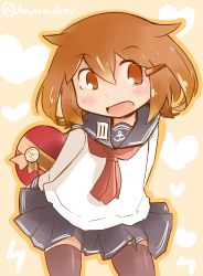 Rule 34 | 10s, 1girl, absurdres, anchor symbol, arms behind back, brown eyes, brown hair, fang, hair ornament, hairclip, hanomido, highres, ikazuchi (kancolle), kantai collection, neckerchief, open mouth, red neckerchief, school uniform, serafuku, short hair, simple background, skirt, solo, thighhighs, twitter username, valentine